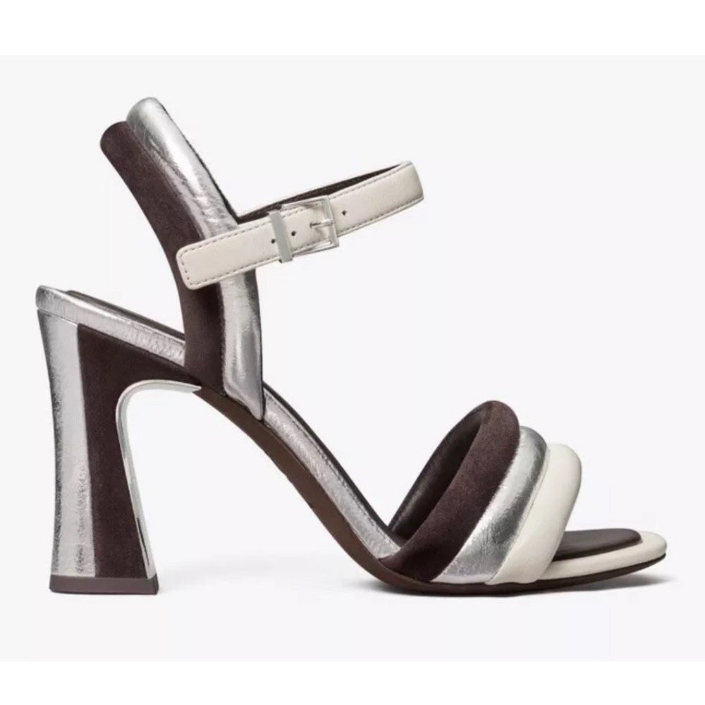 Tory Burch Puffed‎ Up Sandal 100mm Size 9.5 Color Coco/Silver/Ivory Silk & Suede